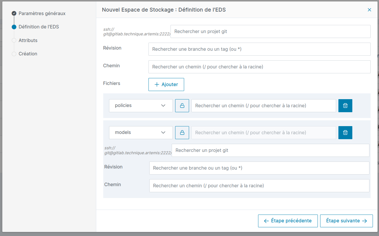 Fenêtre de saisie des paramètres pour un eds vstore